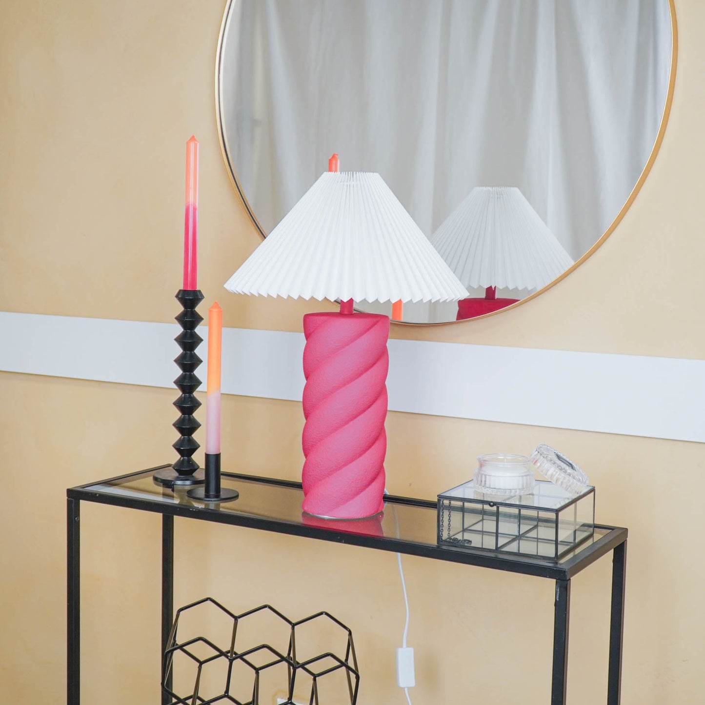Tafellamp - Gedraaide Spek - Keramiek - Neon Roze - 12x12x28cm