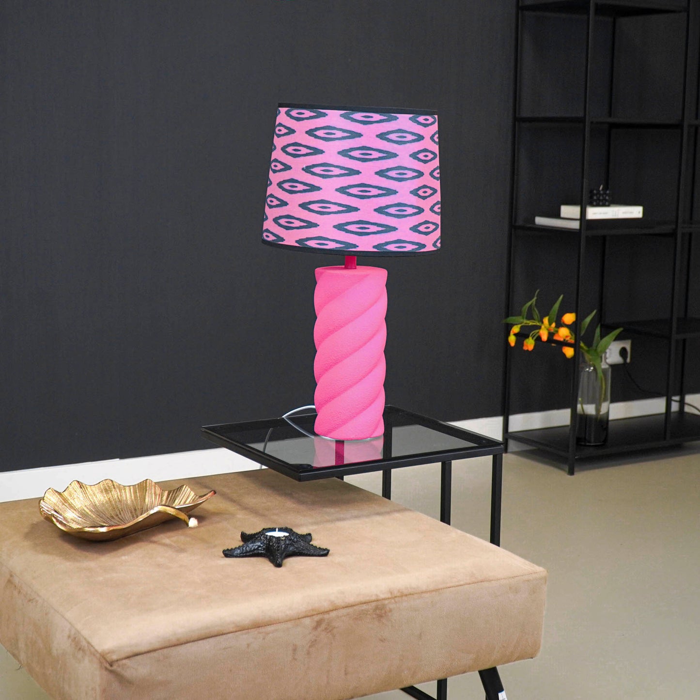 Lampenkap - Kelim Print - Polyester - Roze/Zwart-26x30x23 cm