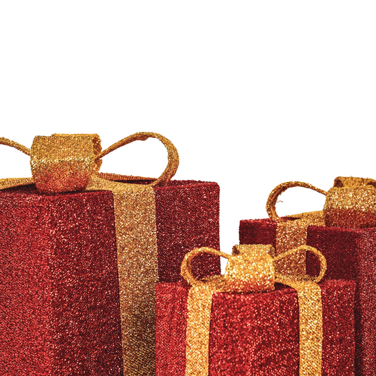 Kerst Led Lamp - Cadeau Set van 3 - Kunststof - Rood/Goud - 15cm/20cm/25cm