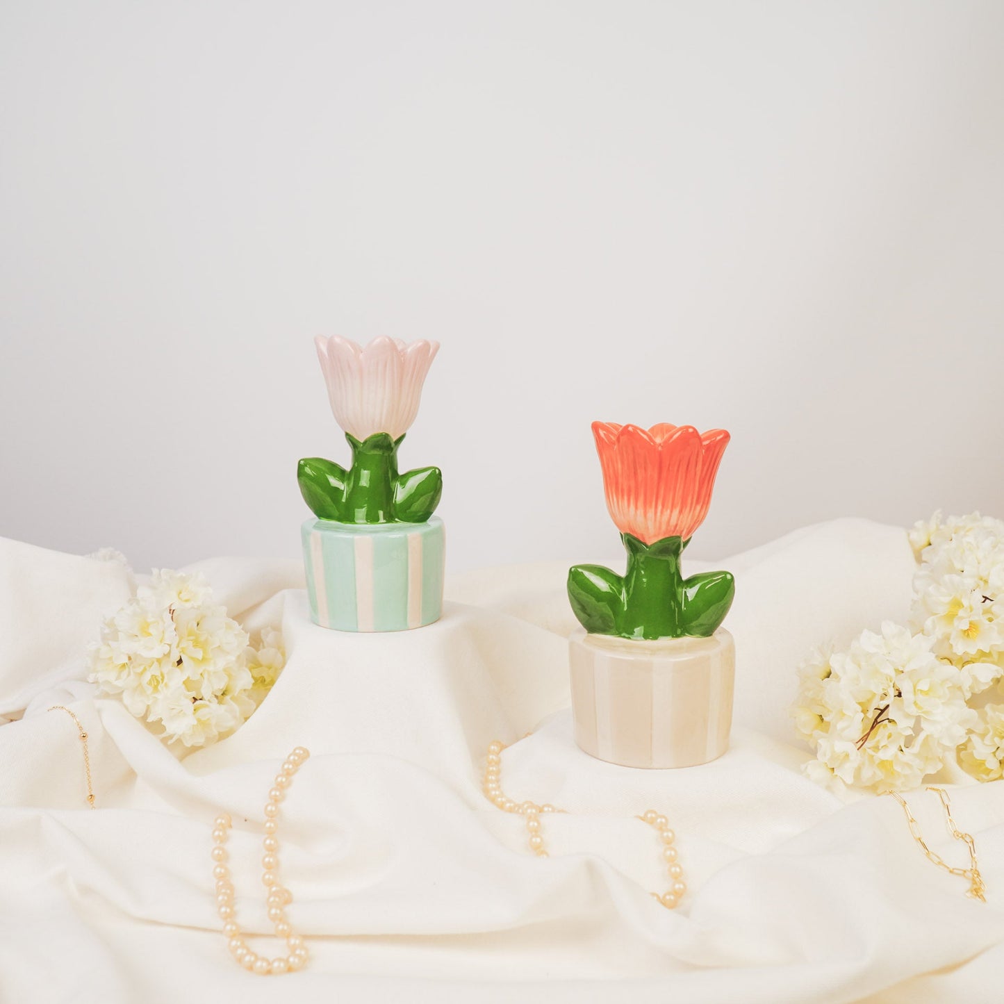 Kaarshouder- Kandelaar Tulp- Dolomiet- Mint/ Licht Roze- 9x8,5x17,5cm