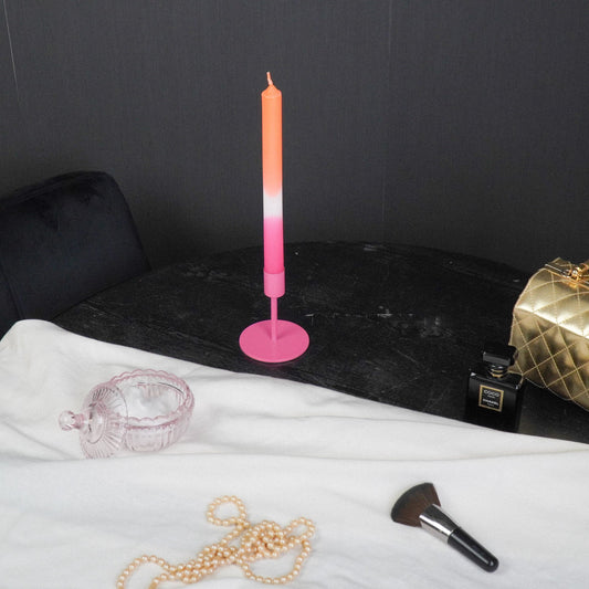 Kaarshouder-Kandelaar - Basic - Metaal - Fluor Roze - 8x8x10cm