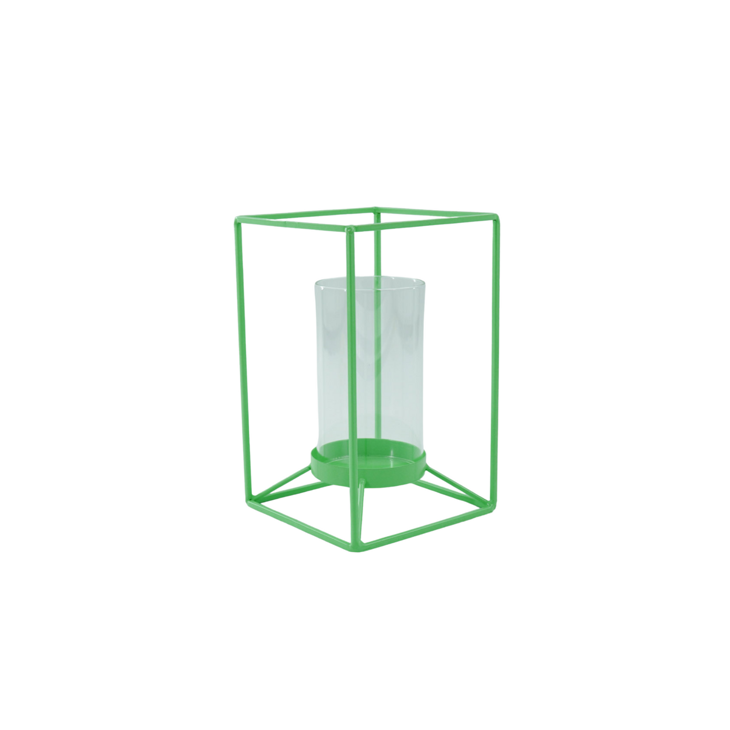 Kaarshouder- Windlicht - Metaal/Glas - Fluor Groen - 12,5x12,5x20cm