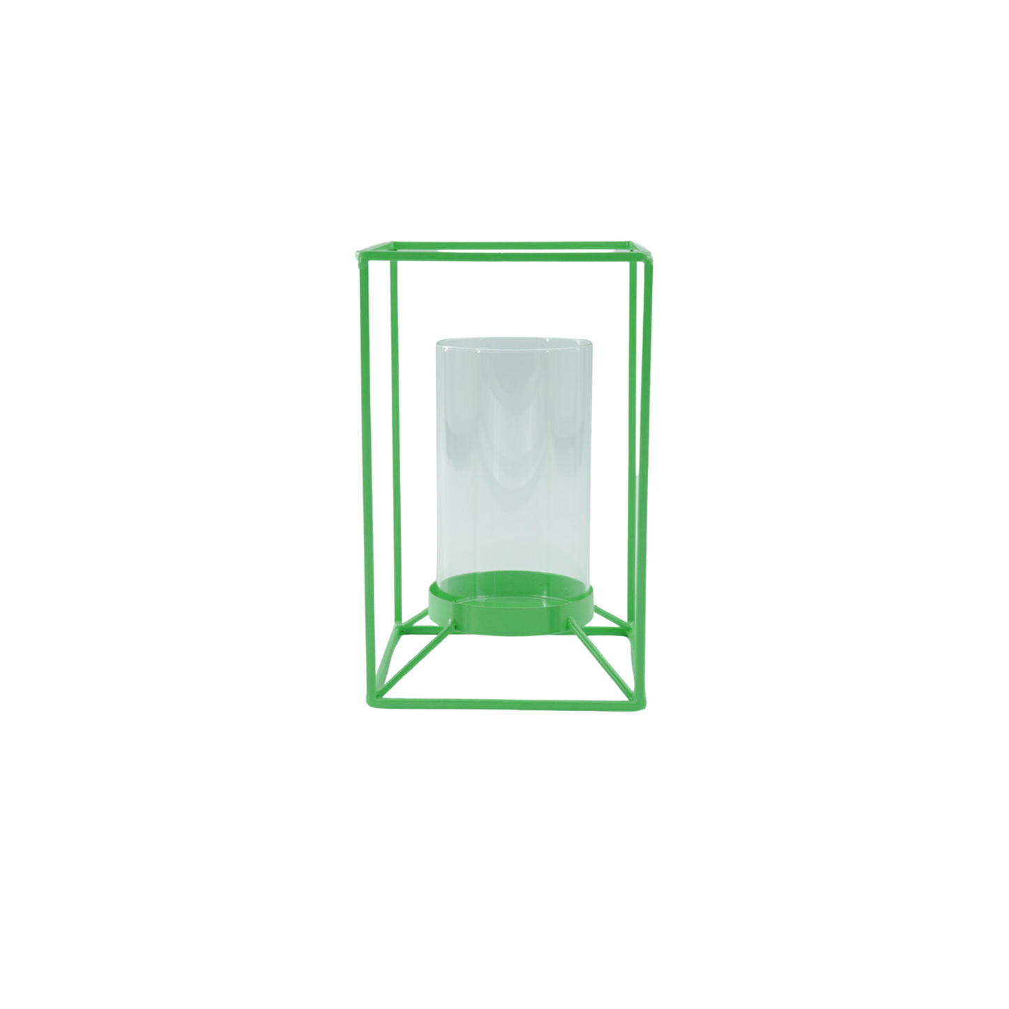Kaarshouder- Windlicht - Metaal/Glas - Fluor Groen - 12,5x12,5x20cm