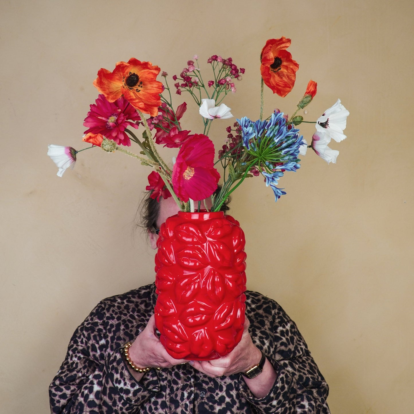 Vaas - Bloemenvaas Lippen - Keramiek - Rood - 17x17x27cm