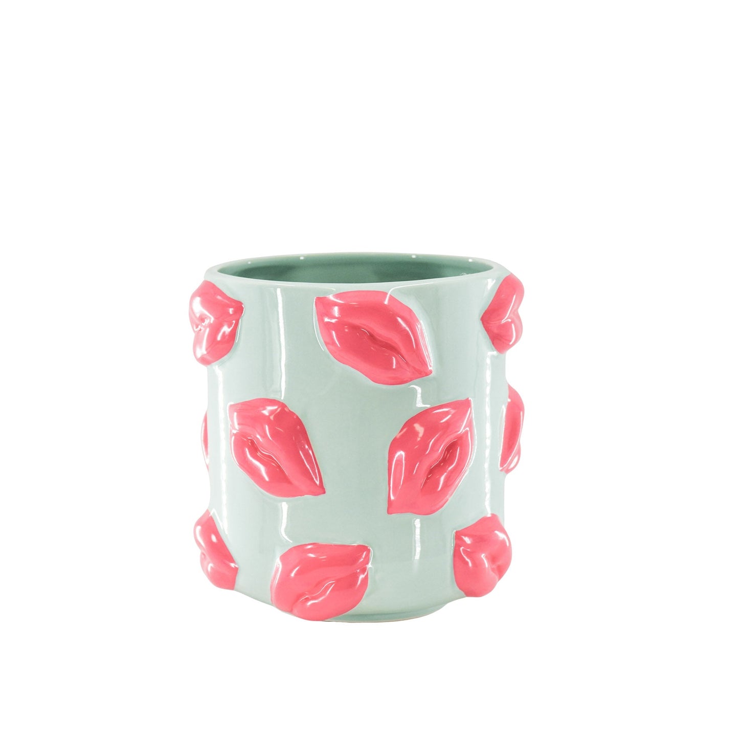 Pot - Planten Pot Lippen - Keramiek - Mint Groen /Fluor Roze - 17,5x17,5x17,5cm