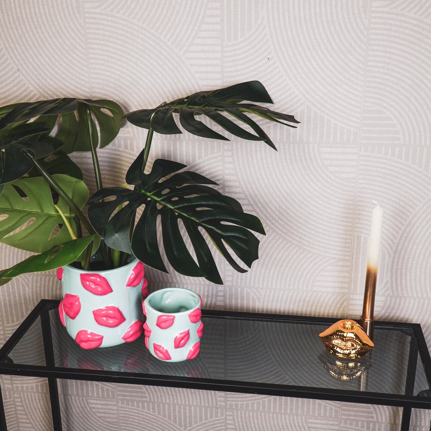 Pot - Planten Pot Lippen - Keramiek - Mint Groen /Fluor Roze - 17,5x17,5x17,5cm