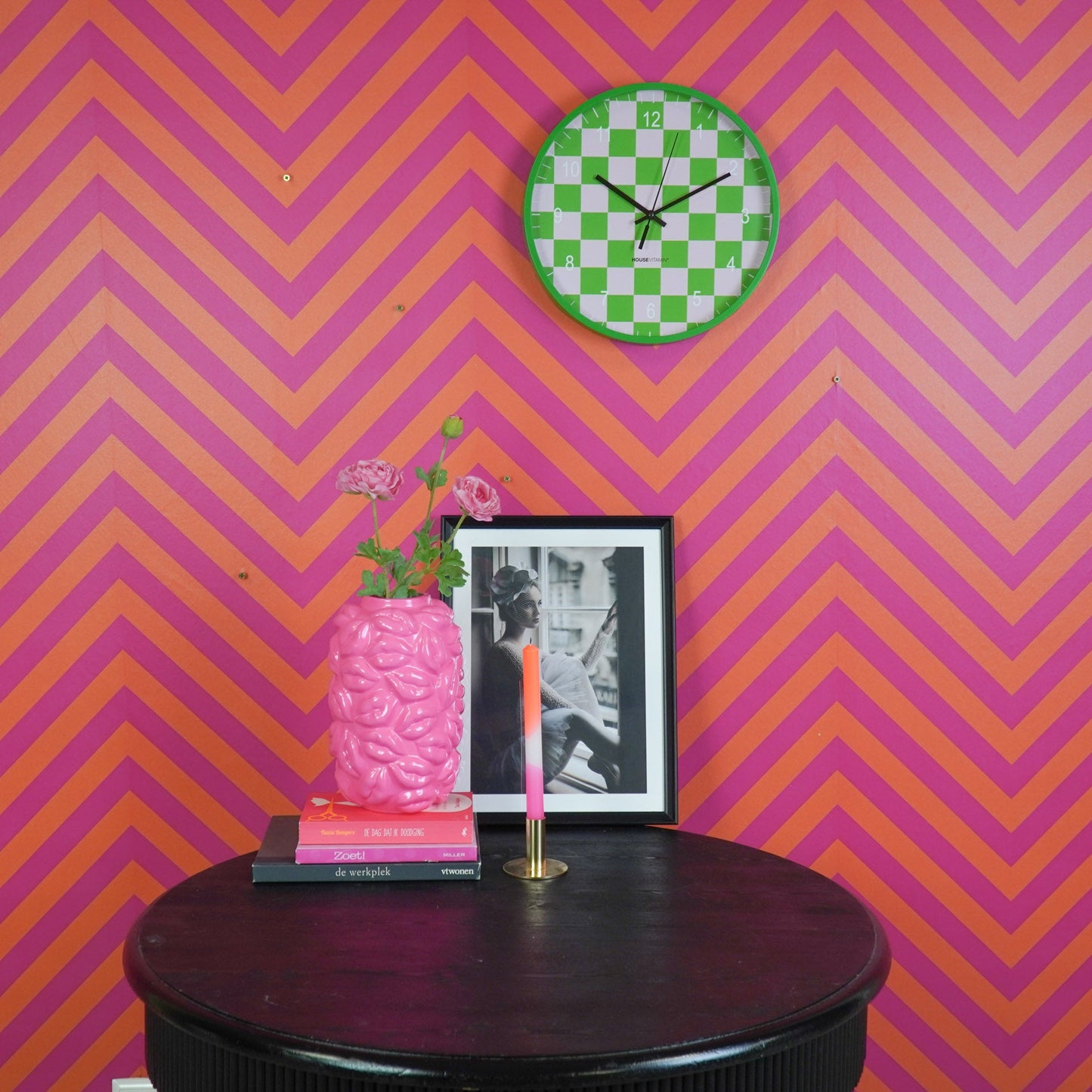 Klok - Wandklok - Geblokt Patroon - Groen/Roze - 34x4x34cm