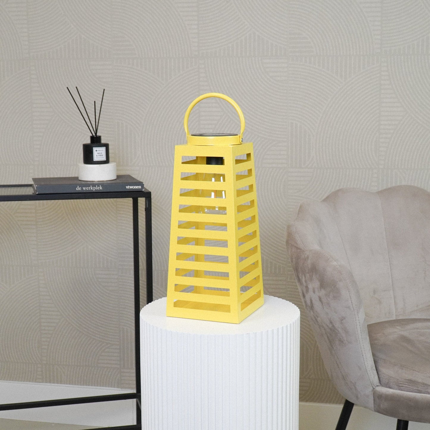 Lamp- Lantaarn/ Windlicht - Solar - Metaal - Neon Geel - 14x14x32,5cm