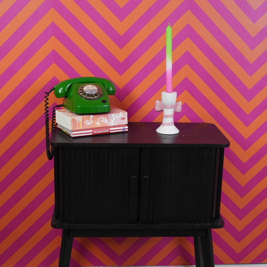 Kaarshouder - Kandelaar - Strik - Keramiek - Wit/Roze - 9x8x14cm