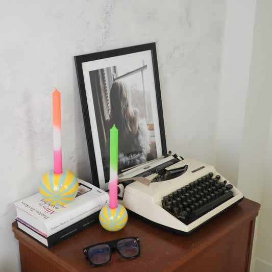 Kaarshouder - Kandelaar Swirl Dolomiet - Geel/Mintgroen - 7x7x7cm