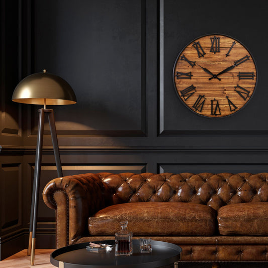 Large Wall Clock - 50cm - Silent - Dark Wood Metal - "Manchester"