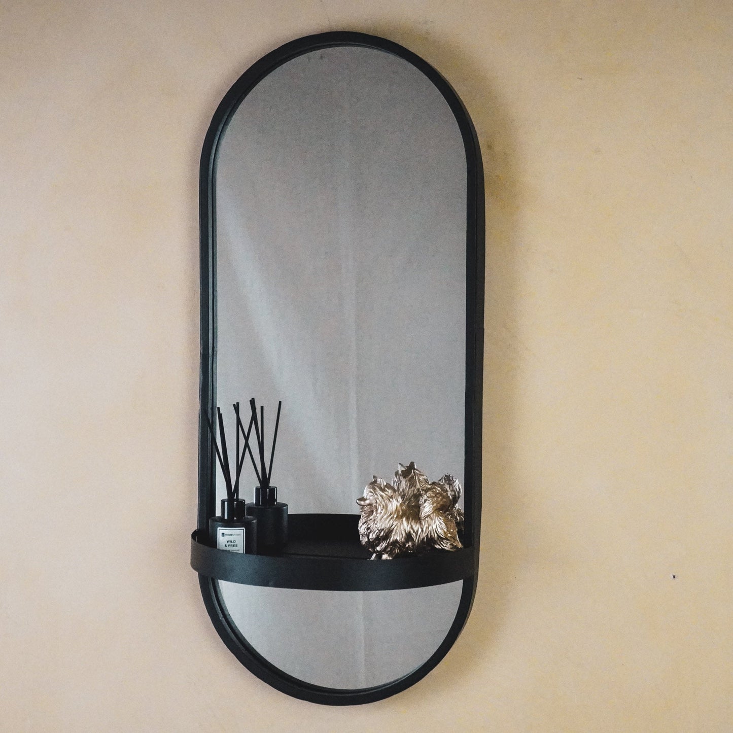 Spiegel - Wandspiegel Metaal - Zwart - met plank - 30x15x70cm