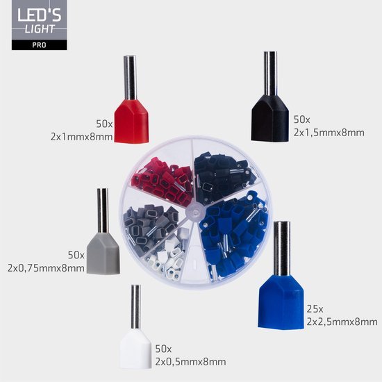 Adereindhulzen assortiment set - 5 maten van 0.5mm² tot 2.5mm² - dubbele draad hulzen - 225 Stuks