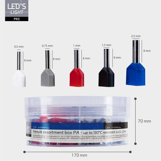 Adereindhulzen assortiment set - 5 maten van 0.5mm² tot 2.5mm² - dubbele draad hulzen - 225 Stuks