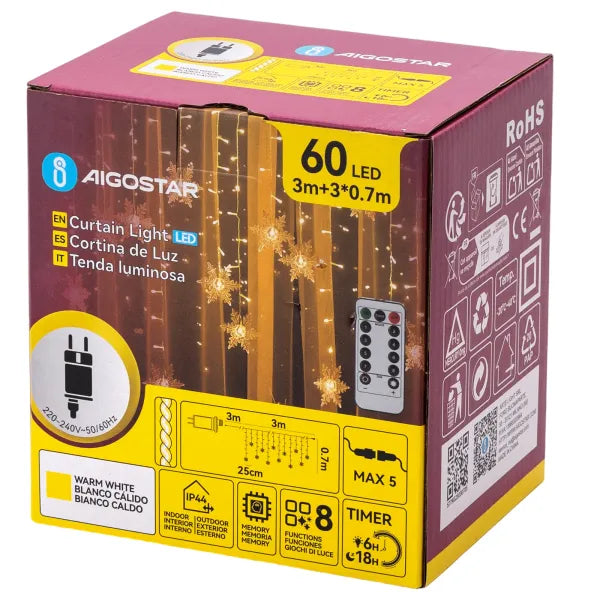 Lichtstring ijspegel sneeuwvlok 6 x 0.7 meter warmwit (3+3x0.7m ) - 12 LED slingers | sproeidicht IP44 - koppelbaar (max 5) | 230VAC - 24V | met afstandsbediening