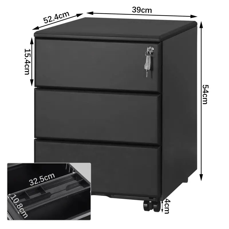 BukkitBow - Archiefkast met Slot - Opbergruimte met 3 Lades - Met Vergrendelingsmechanisme en Volledig Draaibare Zwenkwielen - (52.4X39X54CM)