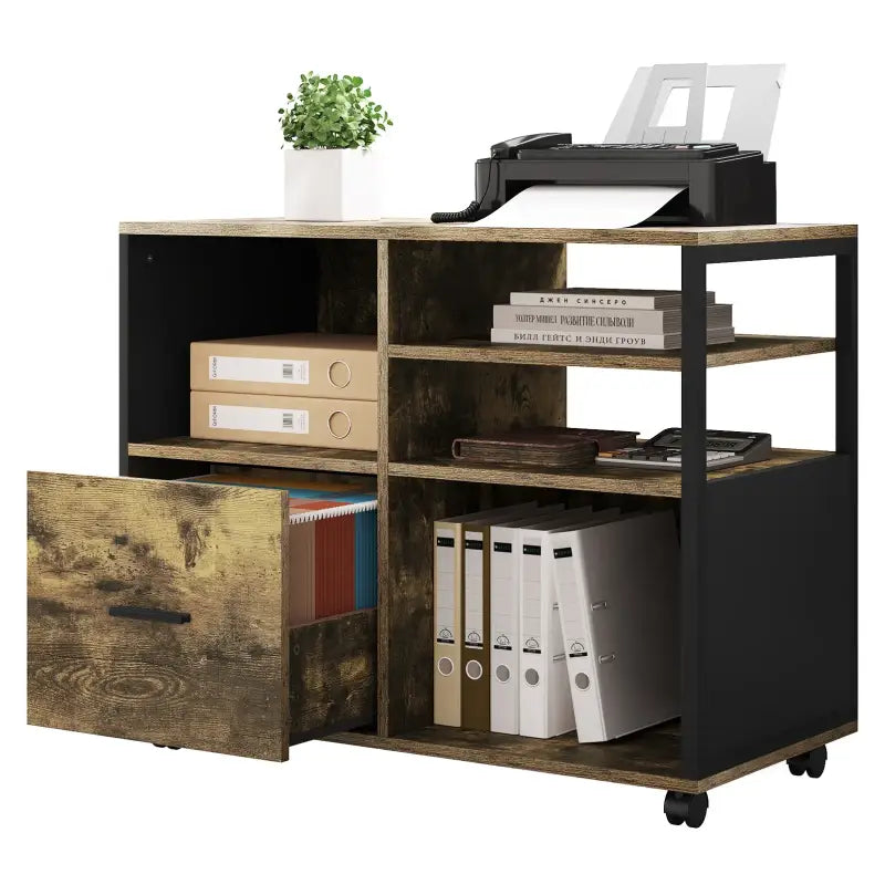 BukkitBow - Archiefkast / Printerkast op wieltjes - Kantoorkast met Industriele Look - met zwart Metalen Frame - Vintage Bruin Hout