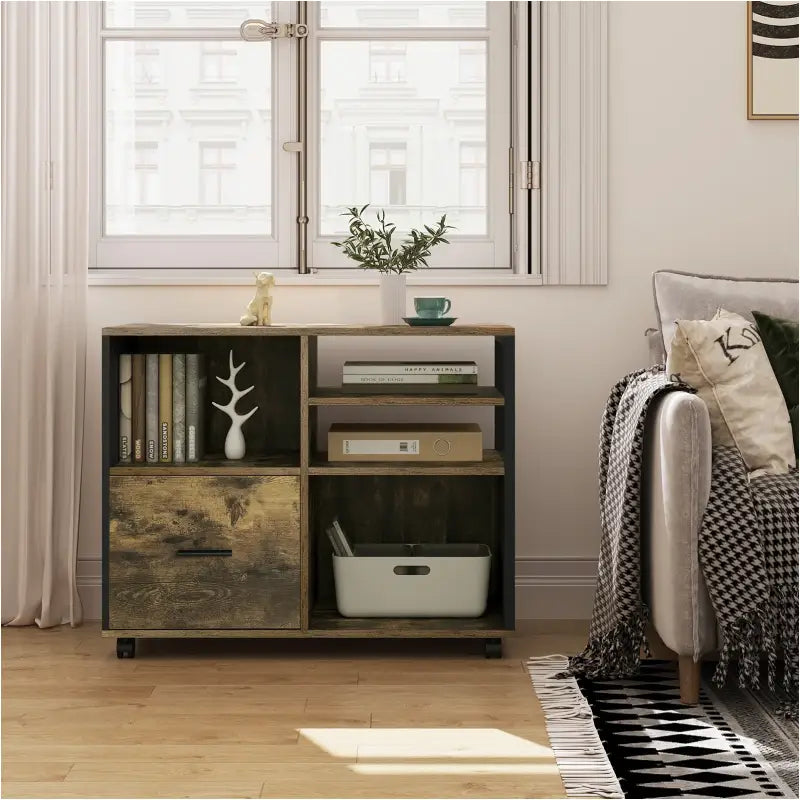 BukkitBow - Archiefkast / Printerkast op wieltjes - Kantoorkast met Industriele Look - met zwart Metalen Frame - Vintage Bruin Hout