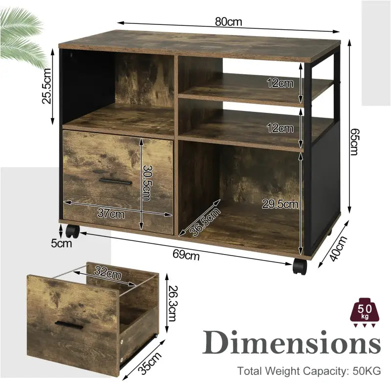 BukkitBow - Archiefkast / Printerkast op wieltjes - Kantoorkast met Industriele Look - met zwart Metalen Frame - Vintage Bruin Hout