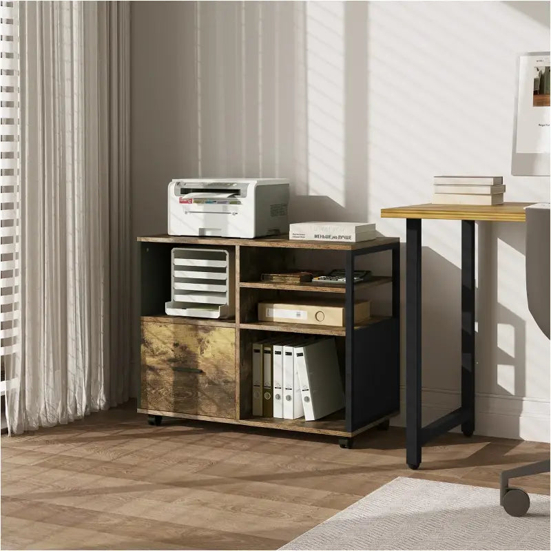 BukkitBow - Archiefkast / Printerkast op wieltjes - Kantoorkast met Industriele Look - met zwart Metalen Frame - Vintage Bruin Hout