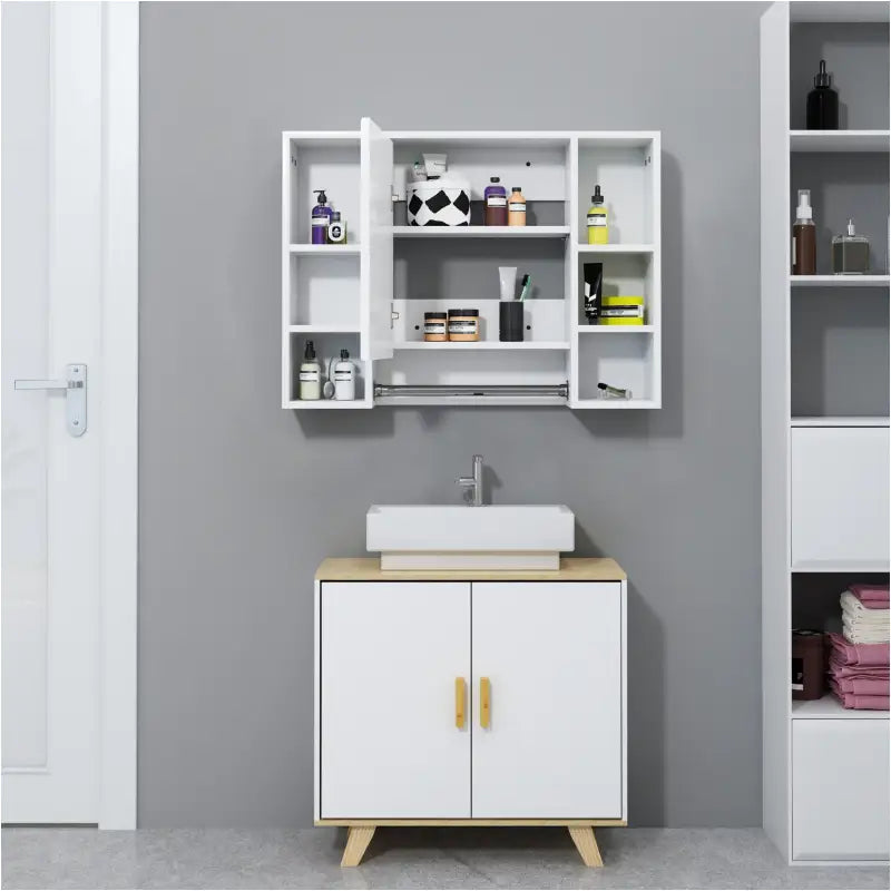 BukkitBow - Badkamer Opbergkast / Badkamermeubel - met Spiegel en Handdoekhouder - Verstelbare Plank - 80x20x60cm