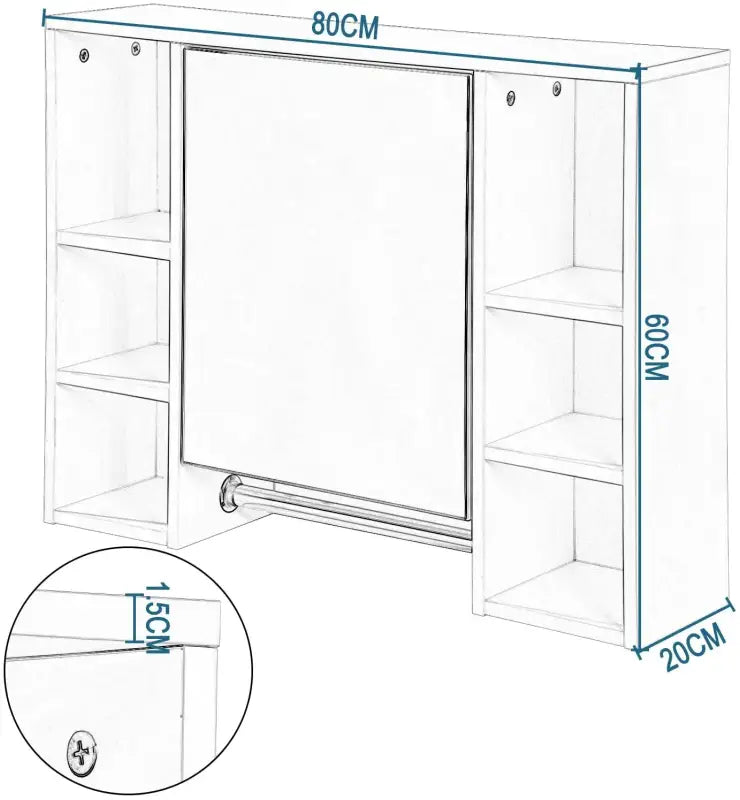 BukkitBow - Badkamer Opbergkast / Badkamermeubel - met Spiegel en Handdoekhouder - Verstelbare Plank - 80x20x60cm