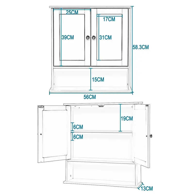 BukkitBow - Badkamerkast met Spiegel / Badkamermeubel - Verstelbare Plank - Duurzaam en Vochtbestendig - Eenvoudig te Onderhouden - 56x13x58.3 cm