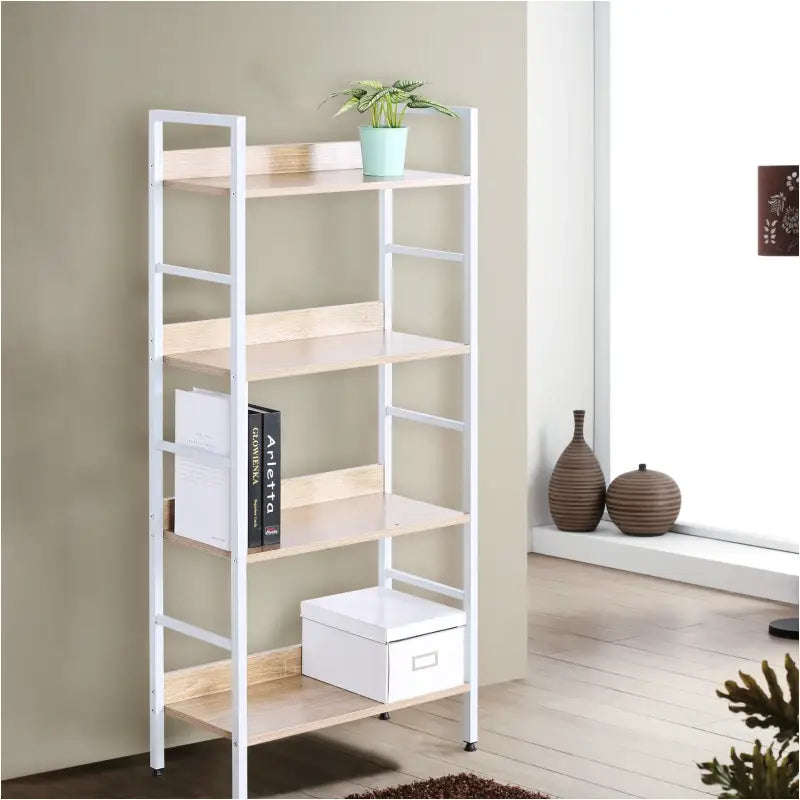 BukkitBow - Boekenkast / Metalen Rek met Licht Houten Planken - Geschikt als Schoenenrek en Decoratierek (60X27,5X126CM)