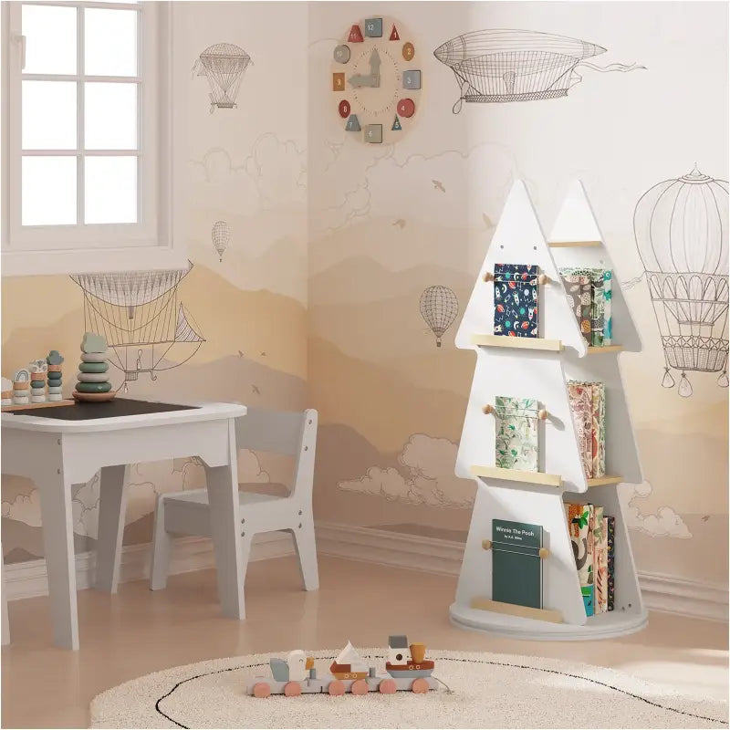 BukkitBow - Boekenkast voor Kinderen - Kinderboekenkast met 360° Draaibare Plank - Kerstboom/Boomvorm - 4 Planken en Ophanghaken - Wit/Bruin Hout