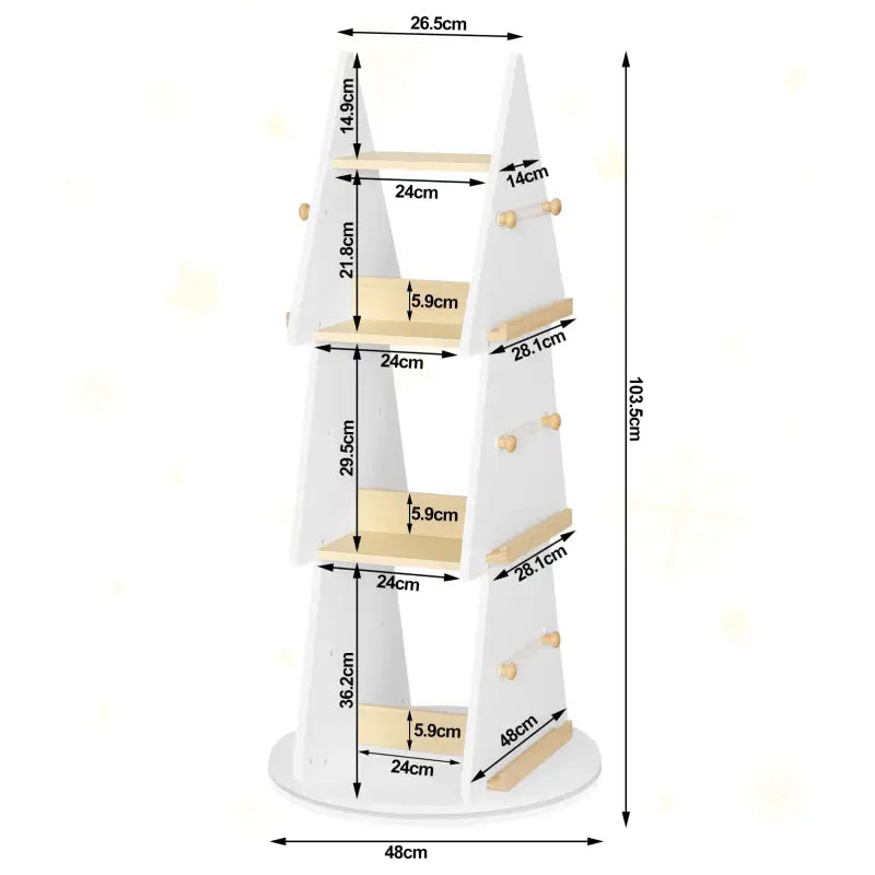 BukkitBow - Boekenkast voor Kinderen - Kinderboekenkast met 360° Draaibare Plank - Kerstboom/Boomvorm - 4 Planken en Ophanghaken - Wit/Bruin Hout