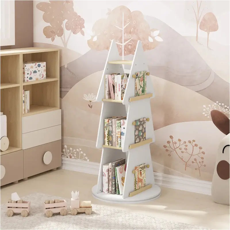 BukkitBow - Boekenkast voor Kinderen - Kinderboekenkast met 360° Draaibare Plank - Kerstboom/Boomvorm - 4 Planken en Ophanghaken - Wit/Bruin Hout