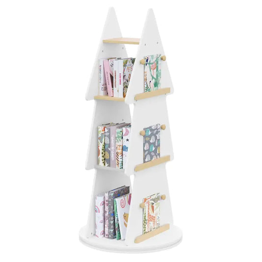 BukkitBow - Boekenkast voor Kinderen - Kinderboekenkast met 360° Draaibare Plank - Kerstboom/Boomvorm - 4 Planken en Ophanghaken - Wit/Bruin Hout