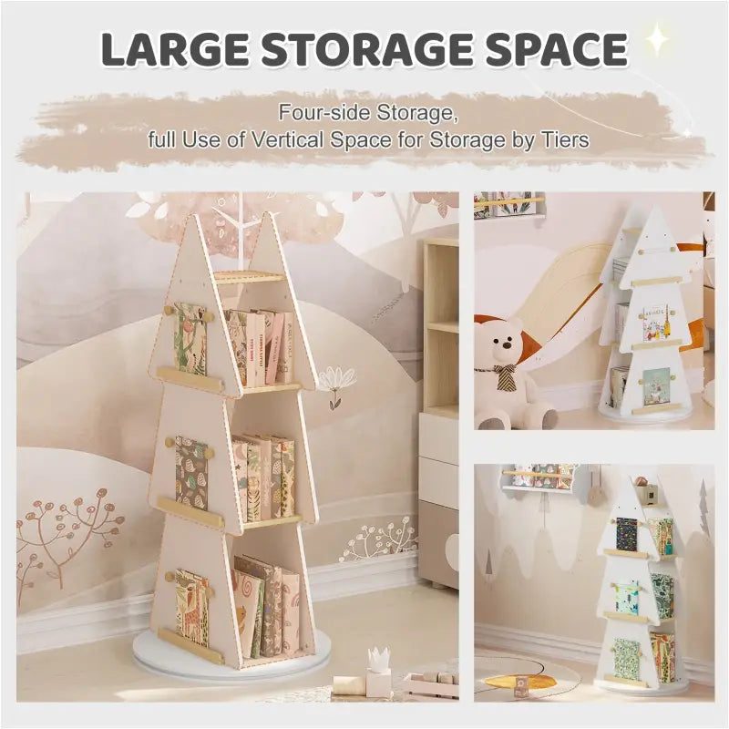 BukkitBow - Boekenkast voor Kinderen - Kinderboekenkast met 360° Draaibare Plank - Kerstboom/Boomvorm - 4 Planken en Ophanghaken - Wit/Bruin Hout