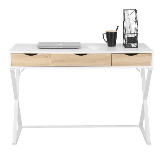 BukkitBow - Bureau met 3 Laden - Hout en Metaal - Wit - Waterdicht en Krasbestendig Design - 110x50cm