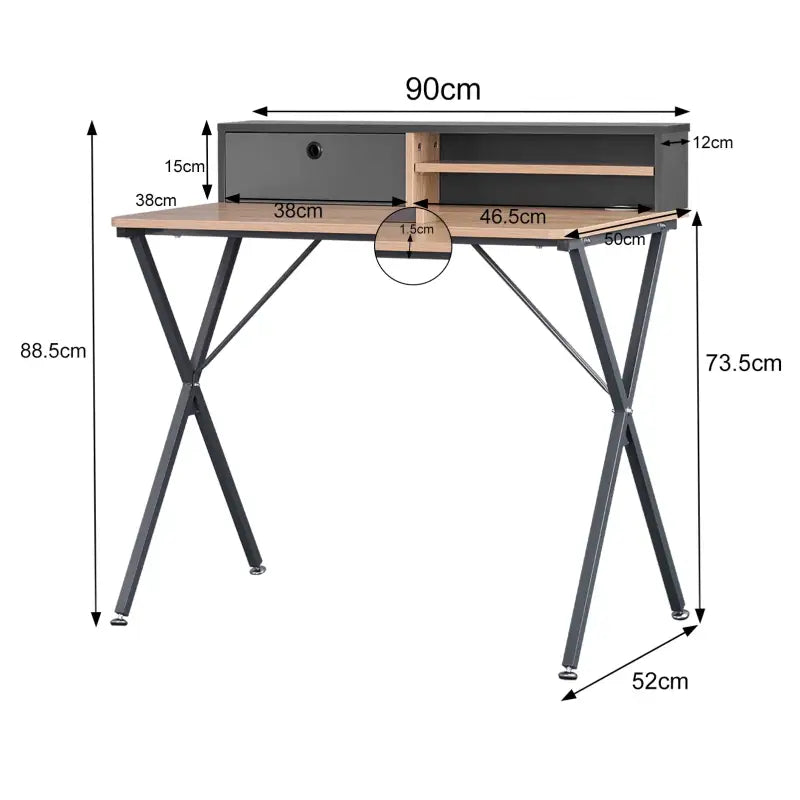 BukkitBow - Bureau / Studietafel - Stalen Frame - Licht Eikenhout - met Lade en Opbergvakken - Meebewegende Poten - 90x50cm
