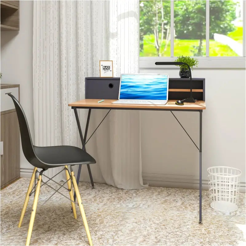BukkitBow - Bureau / Studietafel - Stalen Frame - Licht Eikenhout - met Lade en Opbergvakken - Meebewegende Poten - 90x50cm