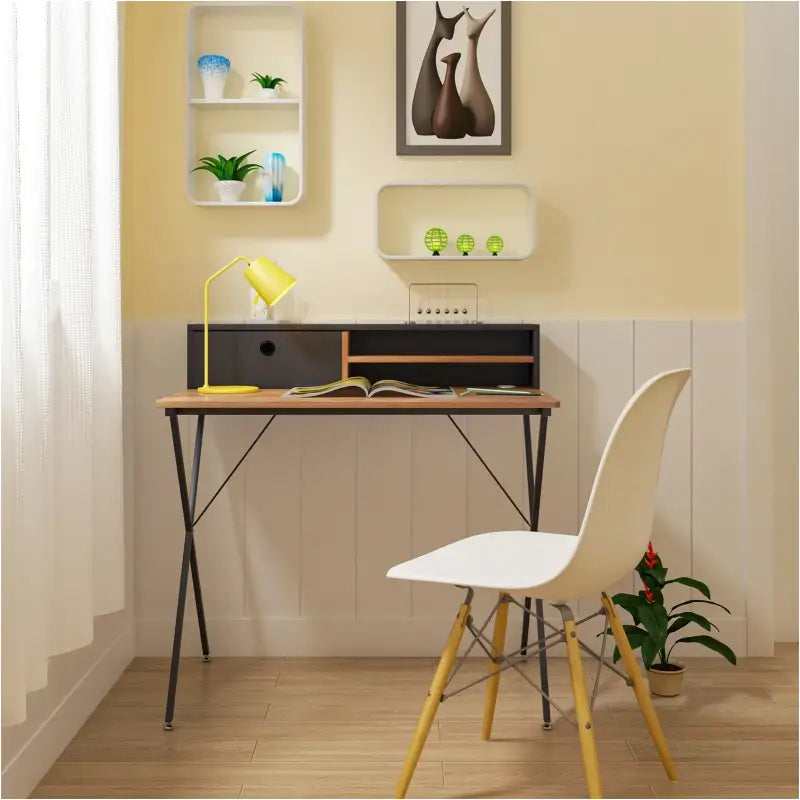 BukkitBow - Bureau / Studietafel - Stalen Frame - Licht Eikenhout - met Lade en Opbergvakken - Meebewegende Poten - 90x50cm