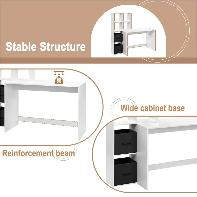 BukkitBow - Compact Bureau - Met Planken en Opbergruimte - 140.5x134x50 cm - Wit
