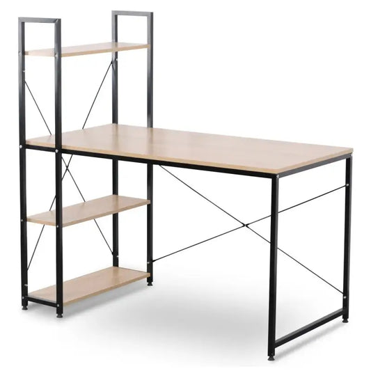 BukkitBow - Compact Hoekbureau / Werkplek met Opslagrek - Spaanplaat en Metaal - met 4 Planken - 120x64x120cm