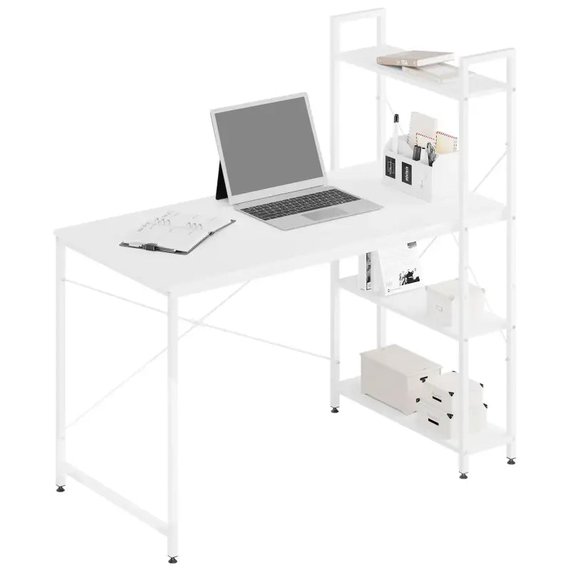 BukkitBow - Compact Hoekbureau / Werkplek met Opslagrek - Spaanplaat en Metaal - met 4 Planken - 120x64x120cm