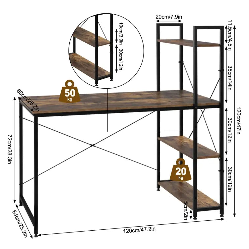 BukkitBow - Compact Hoekbureau / Werkplek met Opslagrek - Spaanplaat en Metaal - met 4 Planken - 120x64x120cm