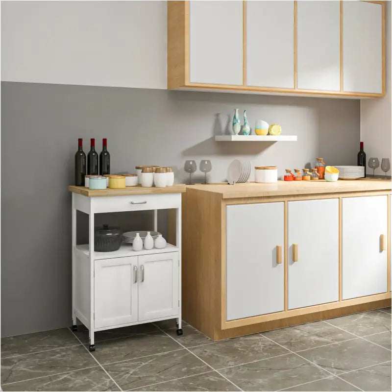 BukkitBow - Compacte Keukentrolley met Rubberhout Werkblad, Diverse Opbergmogelijkheden - 60x90x44.5cm