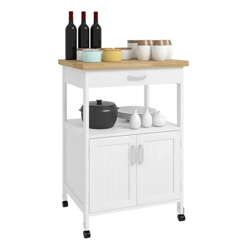 BukkitBow - Compacte Keukentrolley met Rubberhout Werkblad, Diverse Opbergmogelijkheden - 60x90x44.5cm