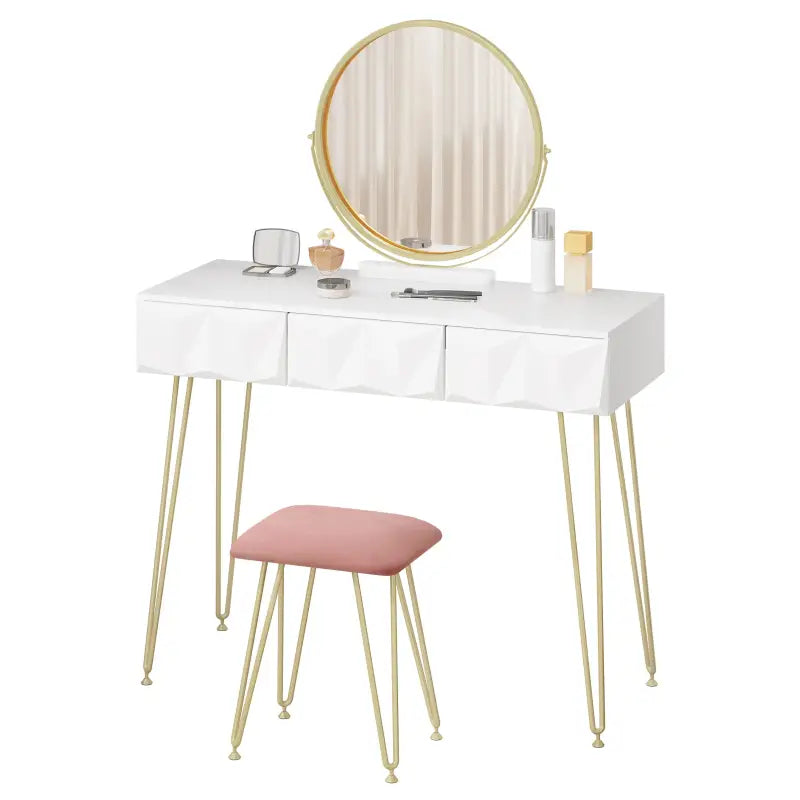 BukkitBow - Elegante Kaptafel Set met Metalen Frame - MDF Hout met Glas - Inclusief Draaibare Spiegel en Kruk - 100x40x79cm