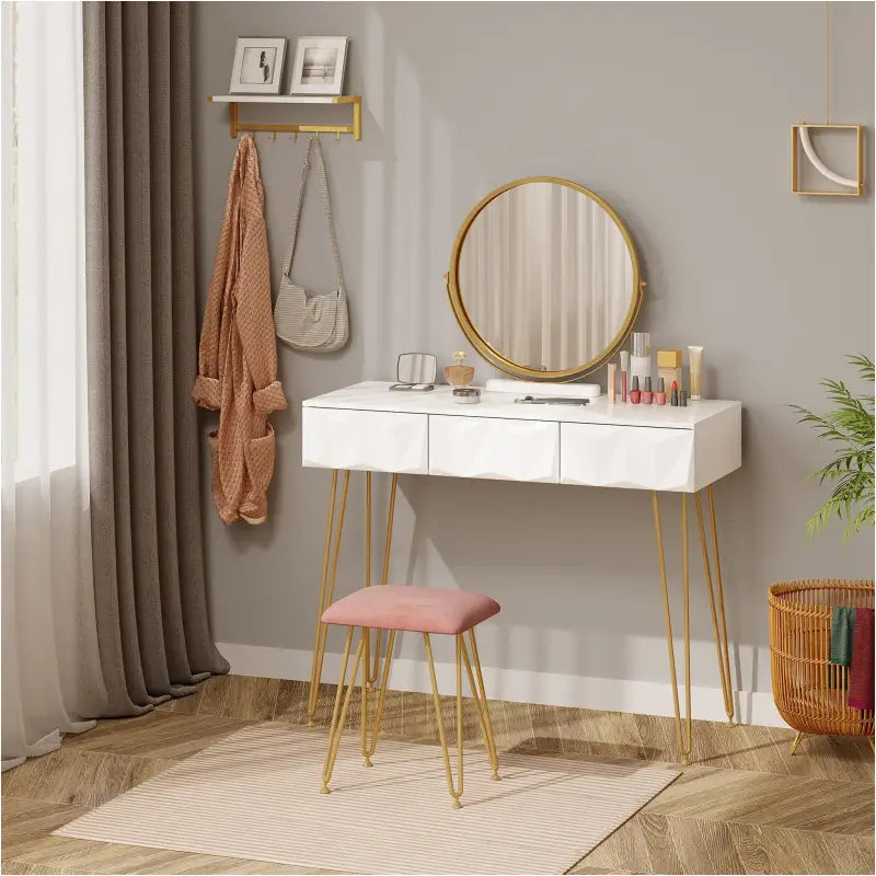 BukkitBow - Elegante Kaptafel Set met Metalen Frame - MDF Hout met Glas - Inclusief Draaibare Spiegel en Kruk - 100x40x79cm