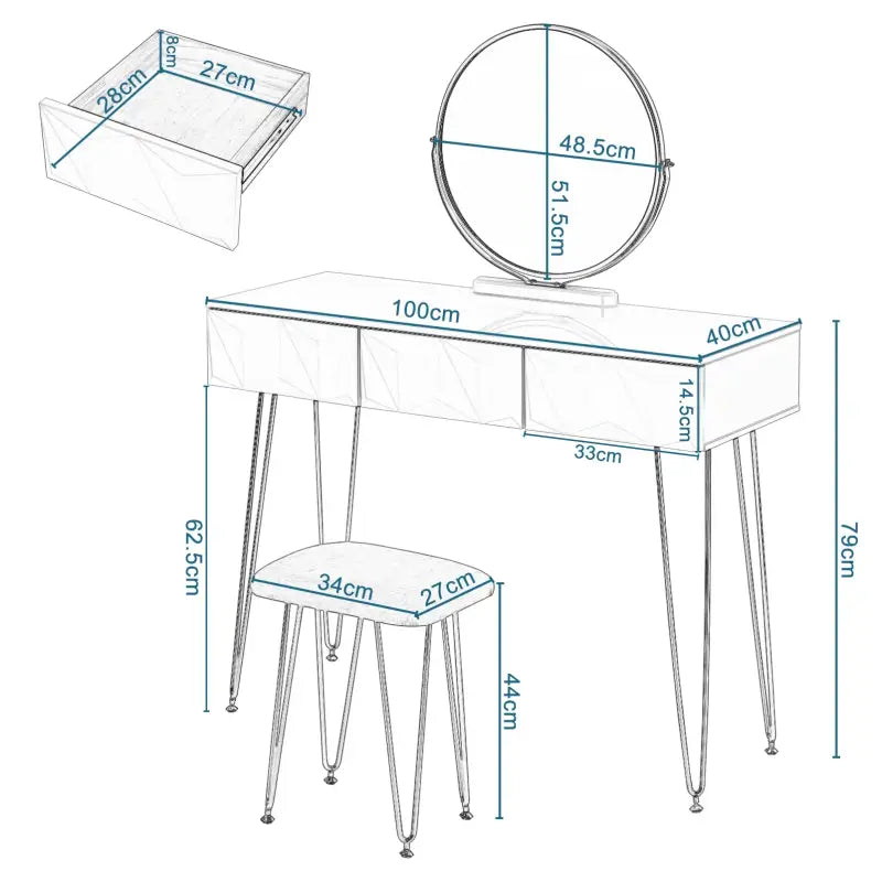 BukkitBow - Elegante Kaptafel Set met Metalen Frame - MDF Hout met Glas - Inclusief Draaibare Spiegel en Kruk - 100x40x79cm