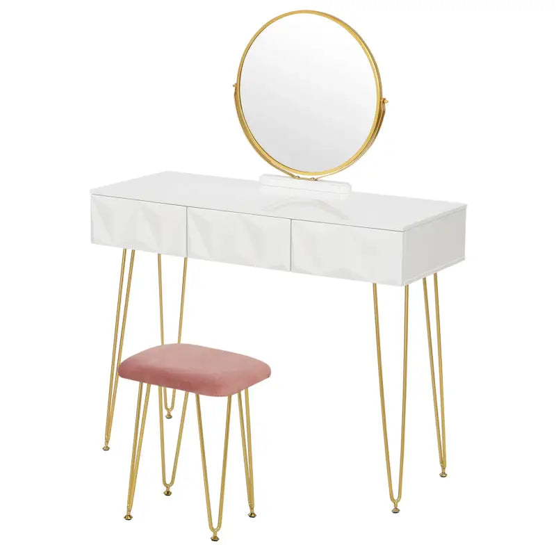 BukkitBow - Elegante Kaptafel Set met Metalen Frame - MDF Hout met Glas - Inclusief Draaibare Spiegel en Kruk - 100x40x79cm
