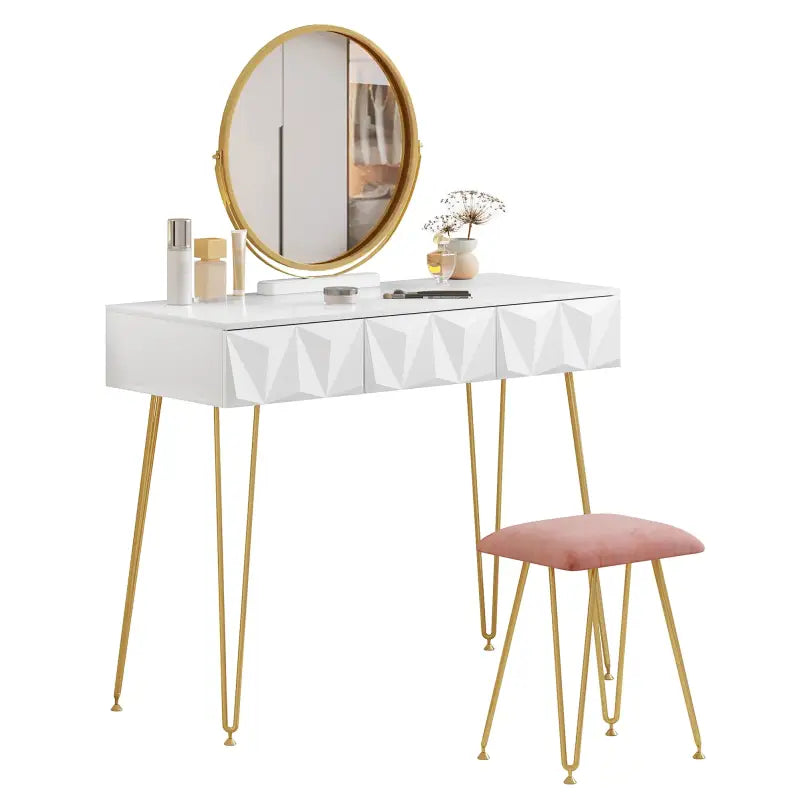 BukkitBow - Elegante Kaptafel Set met Metalen Frame - MDF Hout met Glas - Inclusief Draaibare Spiegel en Kruk - 100x40x79cm