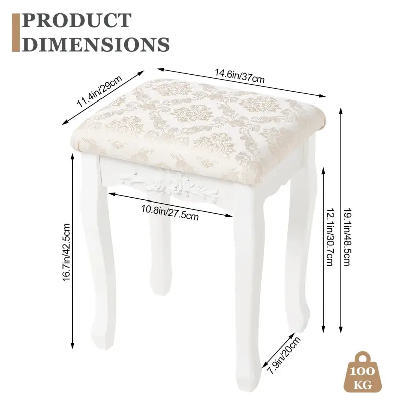 BukkitBow - Gewatteerde Kruk - Vintage stijl kruk met Patroon – Piano Kruk / Make Up Kruk voor Kaptafel - Mini Dressoir - 40X30X50CM - Creme