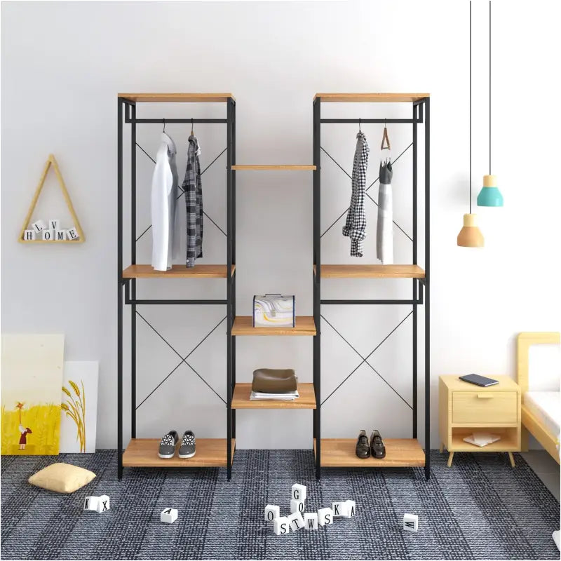 BukkitBow - Grote Kledingkast/ Garderobe Kast - Dubbele Rekken - Inclusief Kledinghaken en Opbergplanken - 165X205X40CM - Zwart met Licht Eikenhout